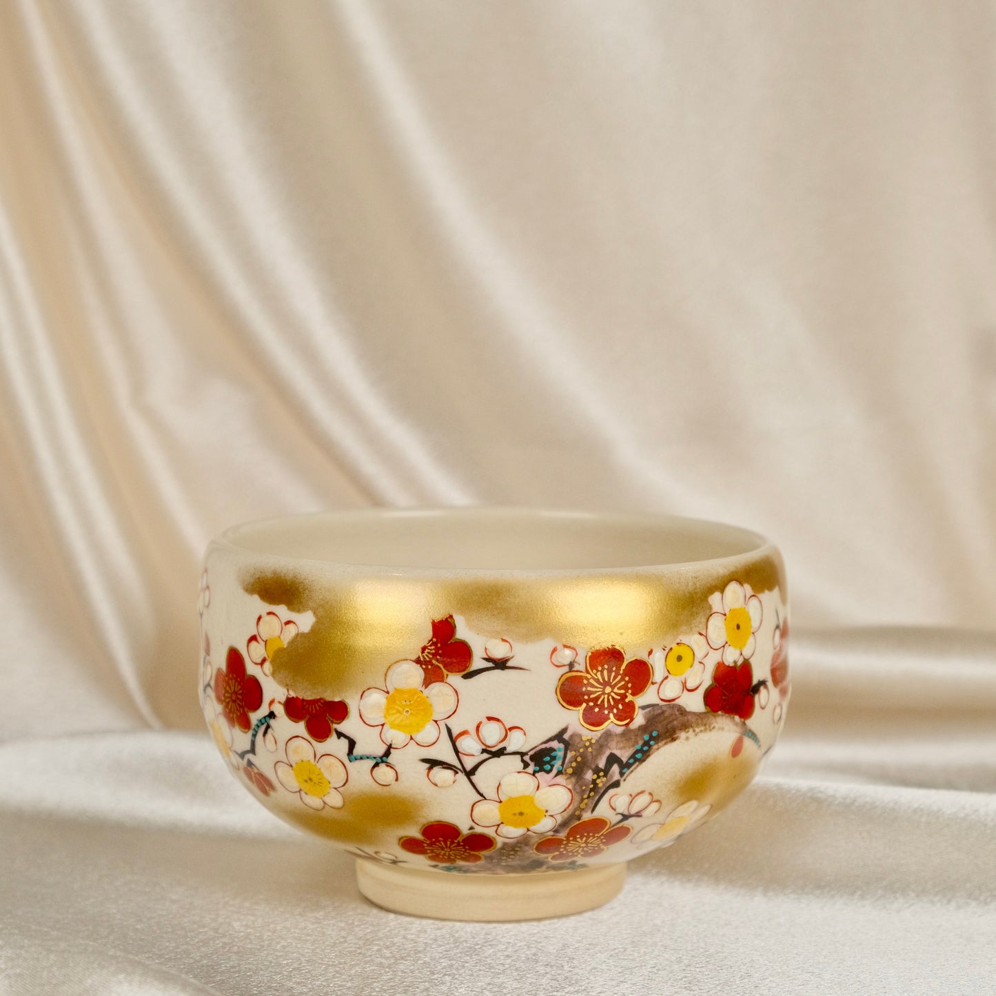 White and Red Plum Blossom - Matcha Bowl by Kutani