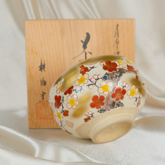 White and Red Plum Blossom - Matcha Bowl by Kutani